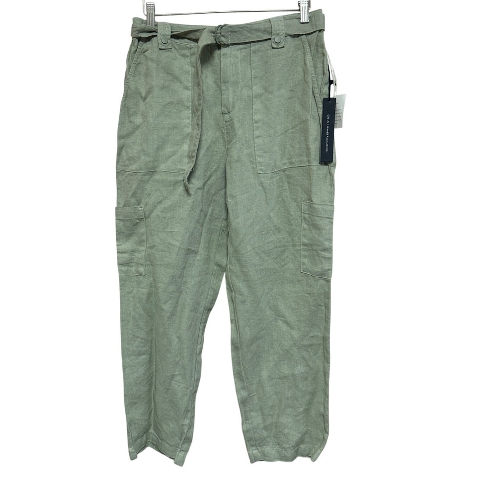Nicole Miller New York Women Sage Green 100% Linen Utility Cargo Pants Medium